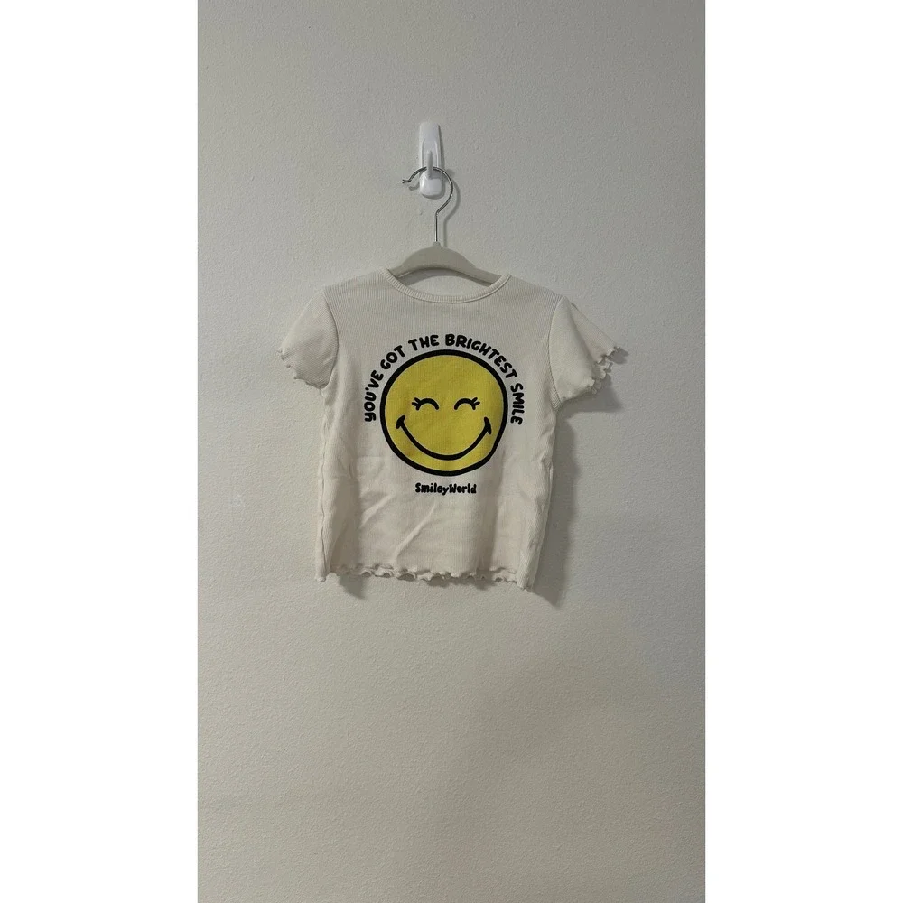 Zara Kids SmileyWorld Graphic Ribbed T-Shirt Cream Yellow Size 2 Years